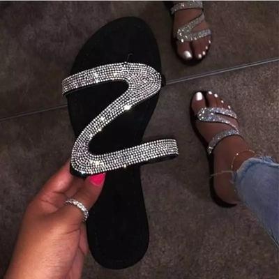 Shiny Rhinestones Slippers Women Summer Flat Shoes Sexy Open Toe Beach Sandals Woman Flip Flops Non-slip Slides Big Size 43