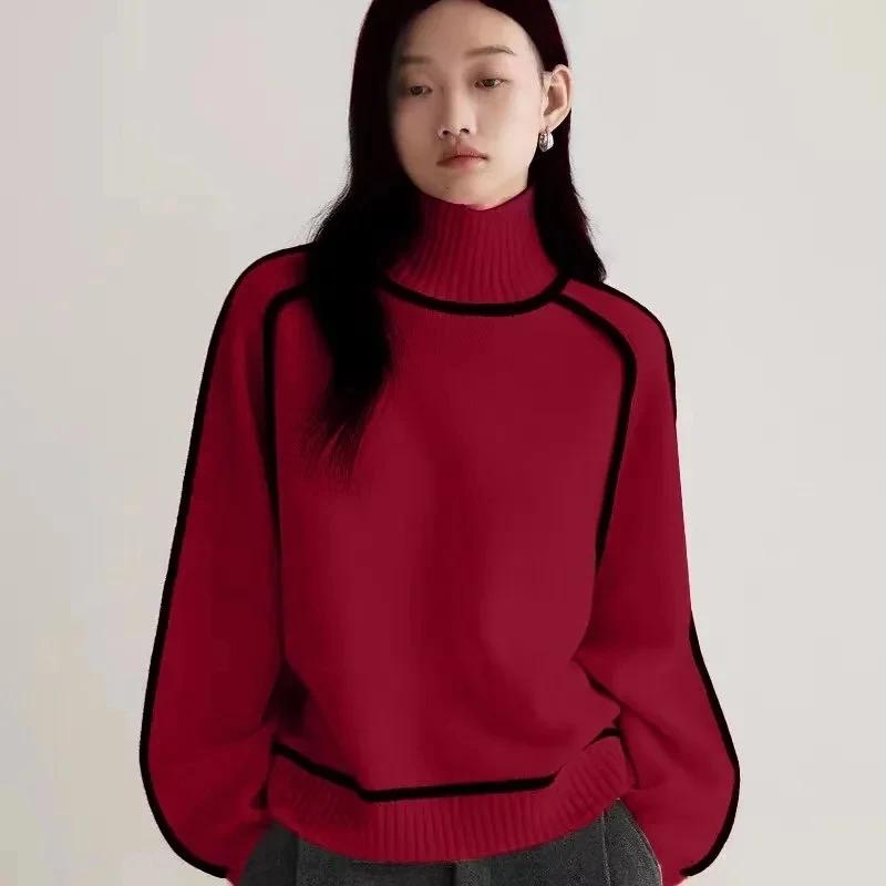 Maglione Dolcevita Autunno Inverno Donna Lavorato a Maglia Patchwork Morbido Caldo Spesso Casual Top