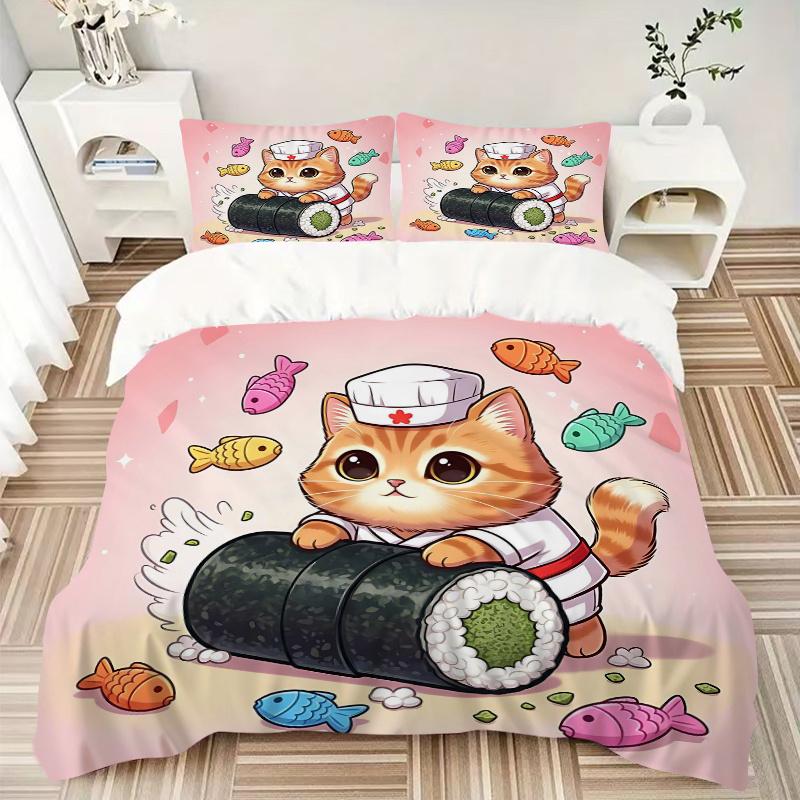 3pcs Kitten Making Sushi Print Bedding Set (1 Cover + 2 Pillowcases, Without Inserts), This Printed Bedding Set Is Soft and Comfortable, Suitable