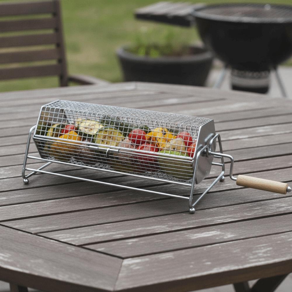 Stainless Steel Rolling BBQ Grill Mesh Basket Hexagonal Grill Rotisserie Basket  Outdoor