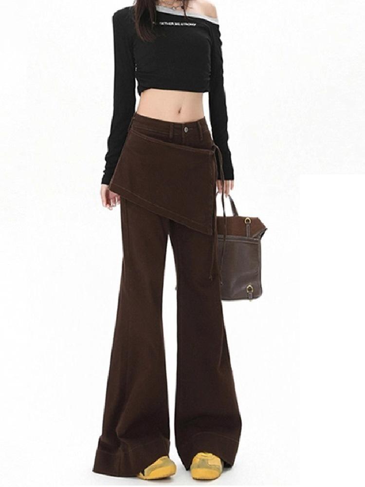 Women's Autumn Brown Faux Two-Piece High-Waisted Micro-Flare Jeans with Mallard-Inspired Wide-Leg Design
