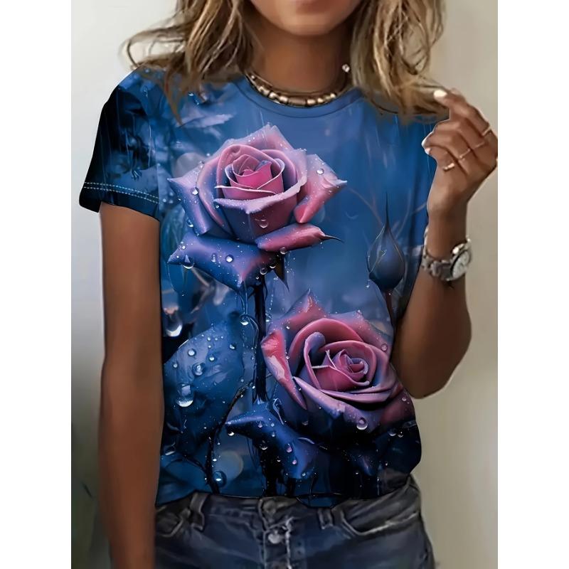 Türkis-Lila Damen-T-Shirt - Taufrische Rose Grafik, Lebendiges Florales Print-Design für Lässige Alltagsmode