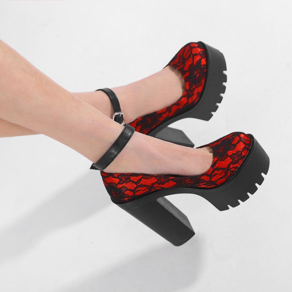 Gdgydh Red Wedding Mary Janes Women Shoes with Lace Aankle Strap Waterproof Platform Pumps High-Heeled Shoes Round Toe