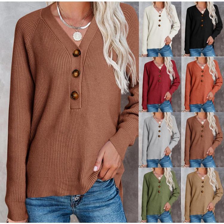 Autumn Winter Women's Button Front Knitted Pullover V Neck Sweater Long Sleeved Knitwear Luxurious Relaxed-fit Slimming and Versatile Top