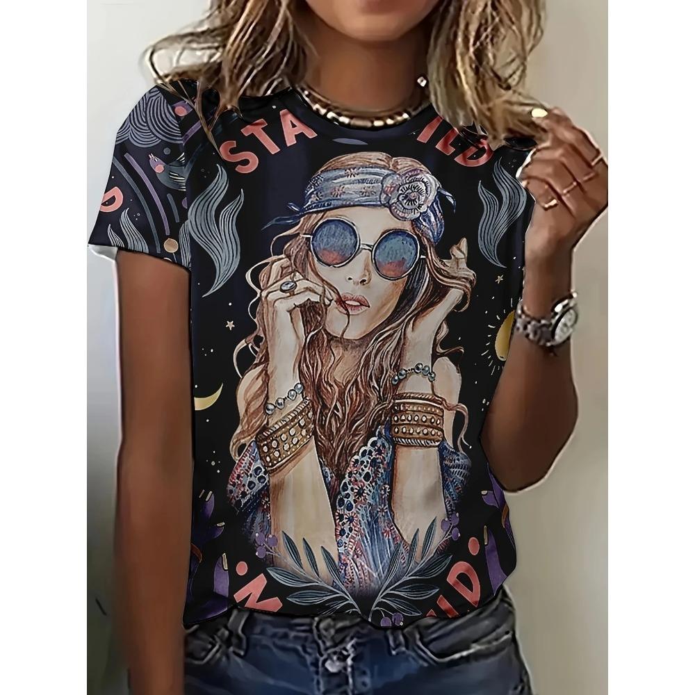 Women T-Shirts Summer Little Girl Graphic Crew Neck Short Sleeve Top