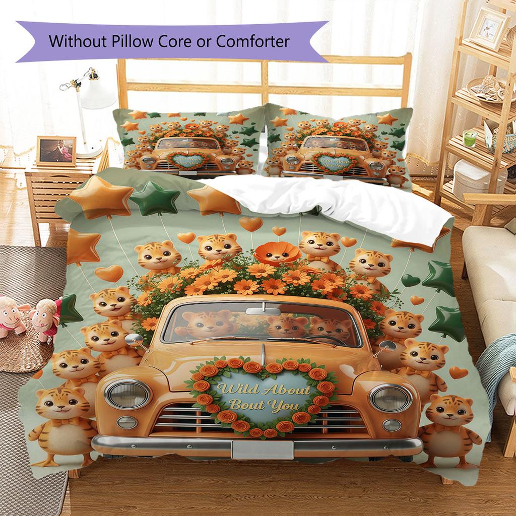Trucks animals Pattern Bedding Quilt Set Quilt Cover Pillowcase Home Decoration Birthday Gift (1 * duvet cover + 2 * pillowcase, without core)