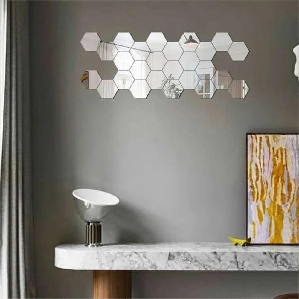 12pcs with Protective Film Hexagon Mirror Wall Sticker 3D Wall Mirror Sticker Bathroom