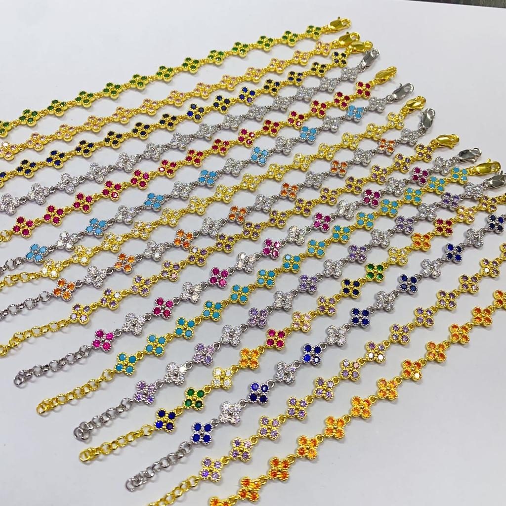 Hot Sale Flower Jewelry Light Luxury Colorful ZIRCON Gold Plated Four-leaf Clover Tennis Bracelet Women