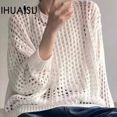 Nuovo Maglione a Maglia Primavera ed Estate Svuotato Protezione Solare Femminile Sottile Largo Nicchia Chic Drappeggio Manica Lunga Camicette