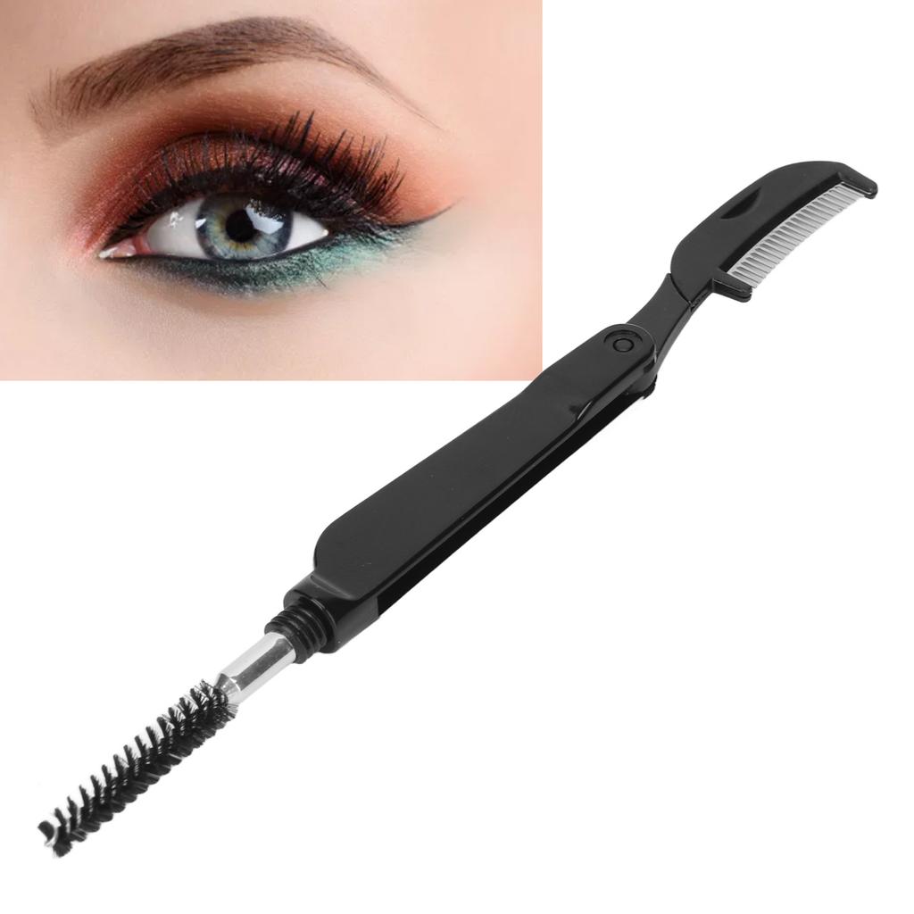 2 In 1 Eyelash Teeth Comb Stainless Steel Dual Heads Foldable Grooming Teeth Eyebrow Brush for Makeup Black