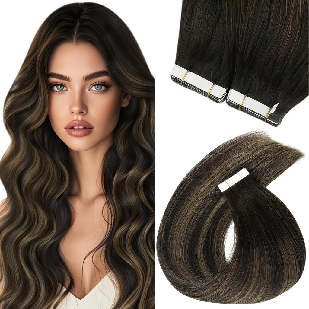 VeSunny Remy Tape In Hair Extensions Brazilian Human Natural Hair 12-22 inches 30&50G Balayage Human Hair Extensions