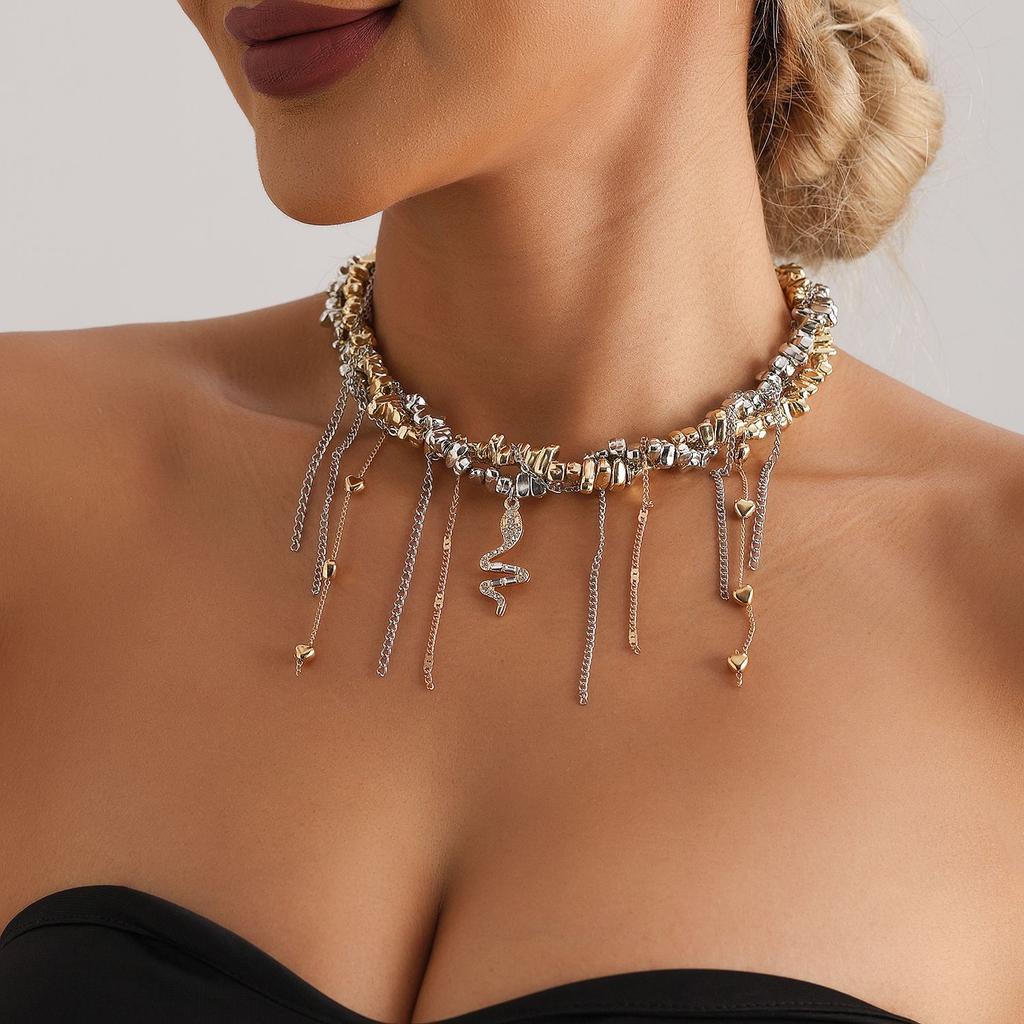 Jewelry Irregular Handmade Beaded Love Tassel Snake Pendant Clavicle Chain Gold And Silver Mixed Necklace