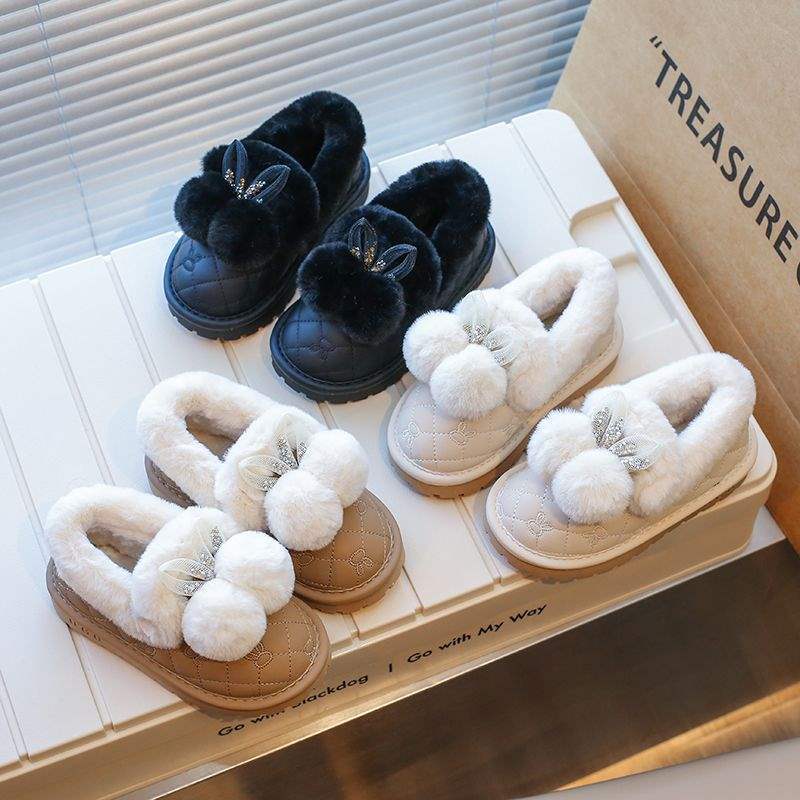 Girls Hairball Snow Boots 2025 Winter New Fluffy Plush Thickened Warm Non-slip Cotton Shoes Student Two Cotton Shoes