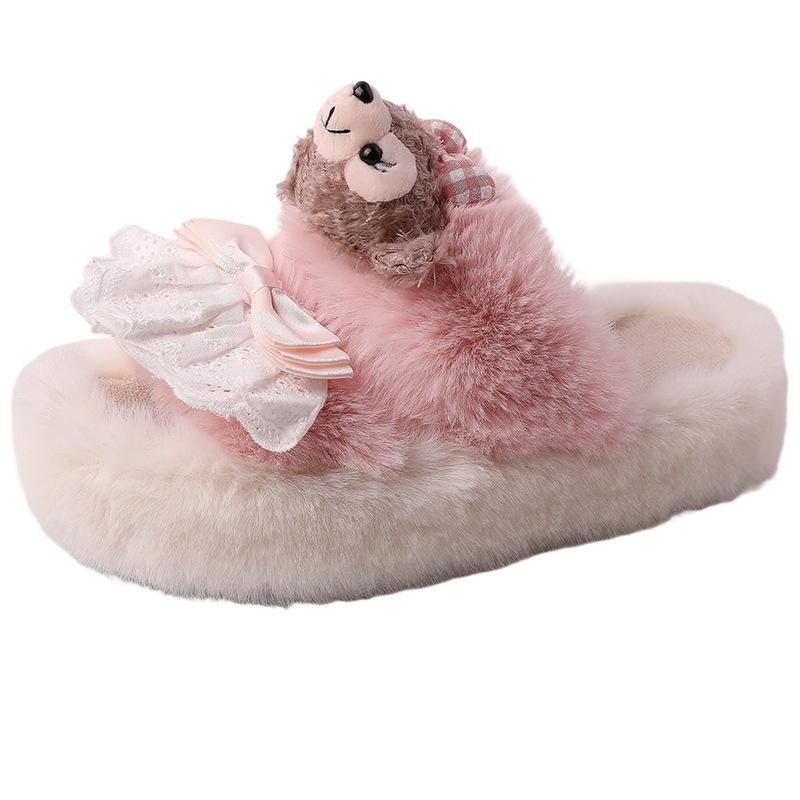 Autumn Cute Cartoon Bear Fluffy Slippers Women's Outer Wear Casual Thick Sole Heightening Plush Flat Bottom One-word Tow Shoes Tide