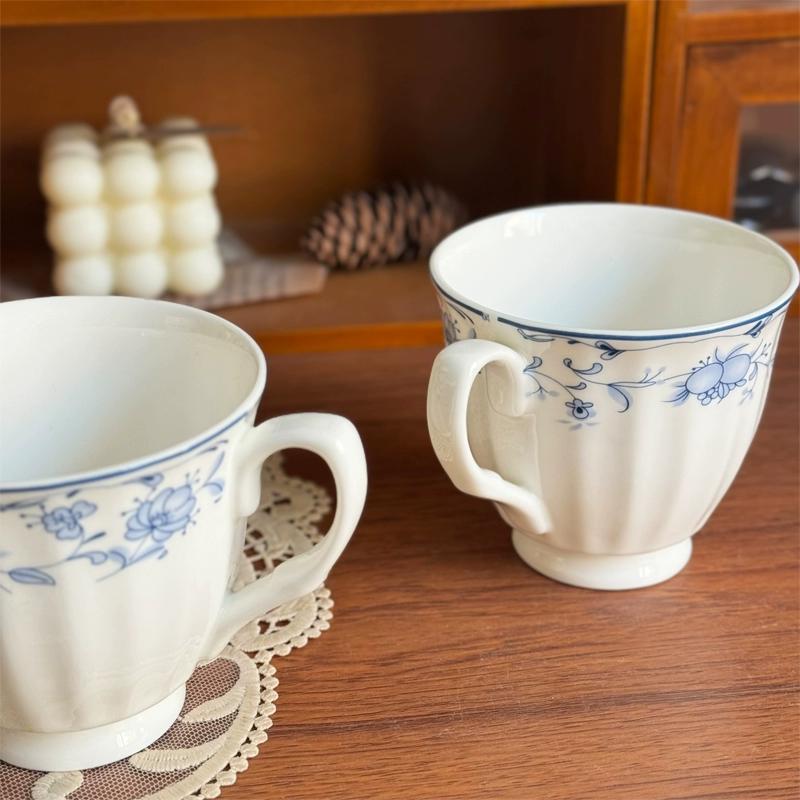 Vintage Blue Small Floral Bone China Cup 250ml - Vertical Pattern Ceramics Coffee Cup ,Tea Cup, Microwave Safe Tableware