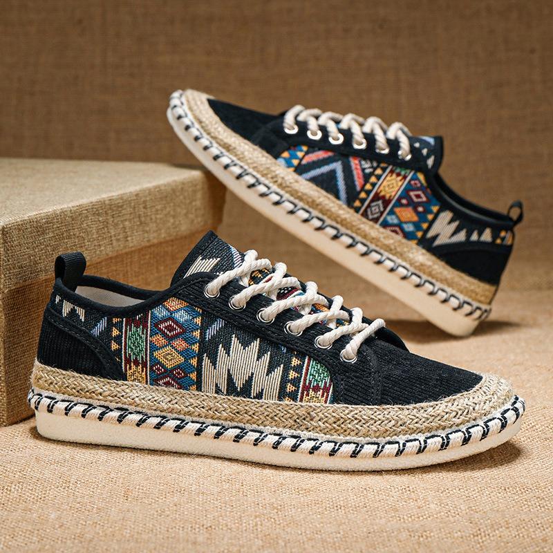 Men's Ethnic Print Espadrille Sneakers Lace-up Canvas Shoes with Woven Jute Sole for Casual Wear