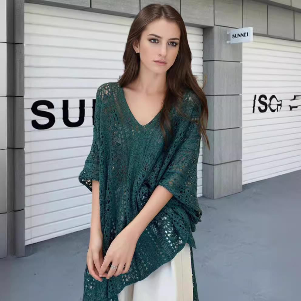 European and American Summer Women's Knitted T-shirt V-neck Hollow Slit Knitted Sunscreen Cover