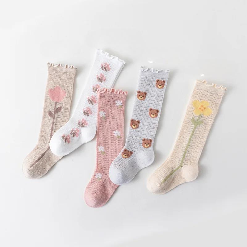 1 Pair 1 Pair Summer Baby Girl Sock Cartoon Bear Aesthetic Floral Knee High Sock for Toddler Girl Soft Cotton Mesh Breathable Sock