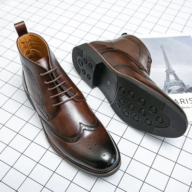 British Style Mens Brogue High Toe Shoes Vintage Leather Chelsea Boots Lace Up Autumn Winter Work Shoes Ankle Boots Men