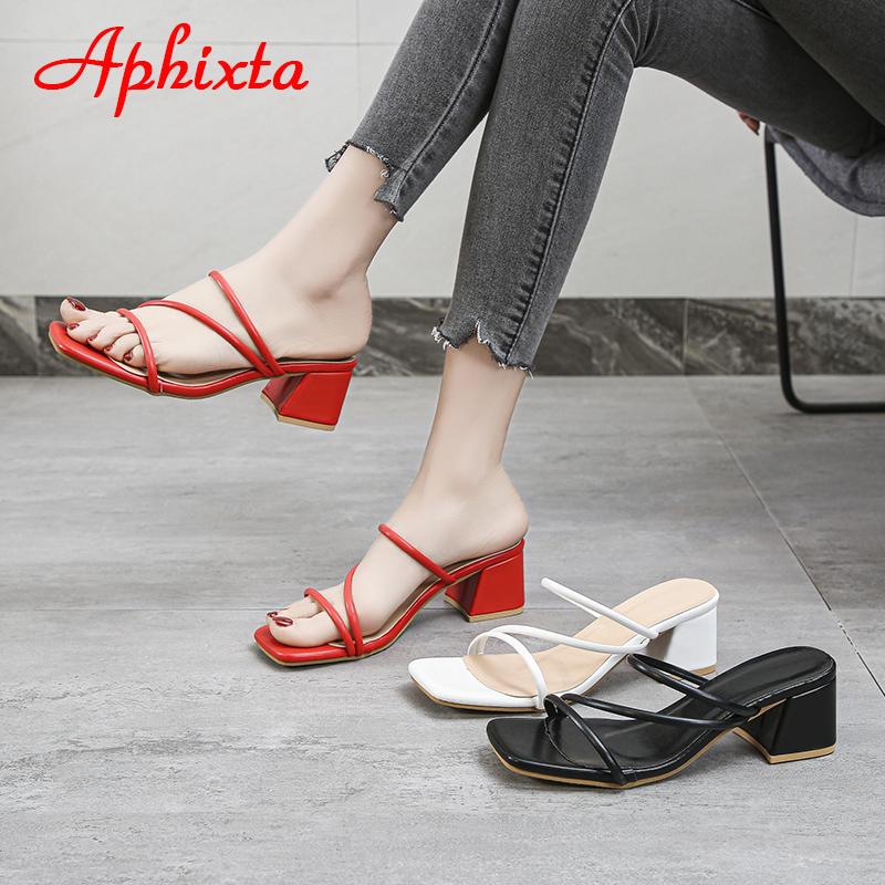 Fashion Aphixta 2025 New 4.5cm Red Low Square Heels Slides Women Simple Peep Toe Flip Flops Cool Summer Slippers Sandals Elegant Shoes