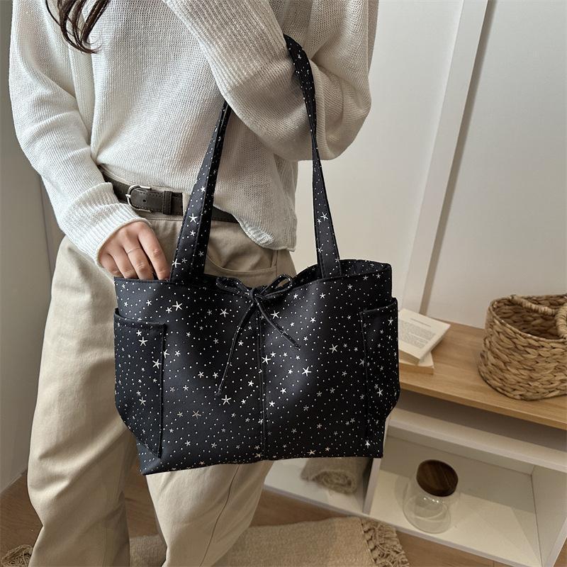 Light Blue Tote Bag With Glitter Star Pattern Bow Decor Multi Pockets For School Shopping Daily Outings Travel