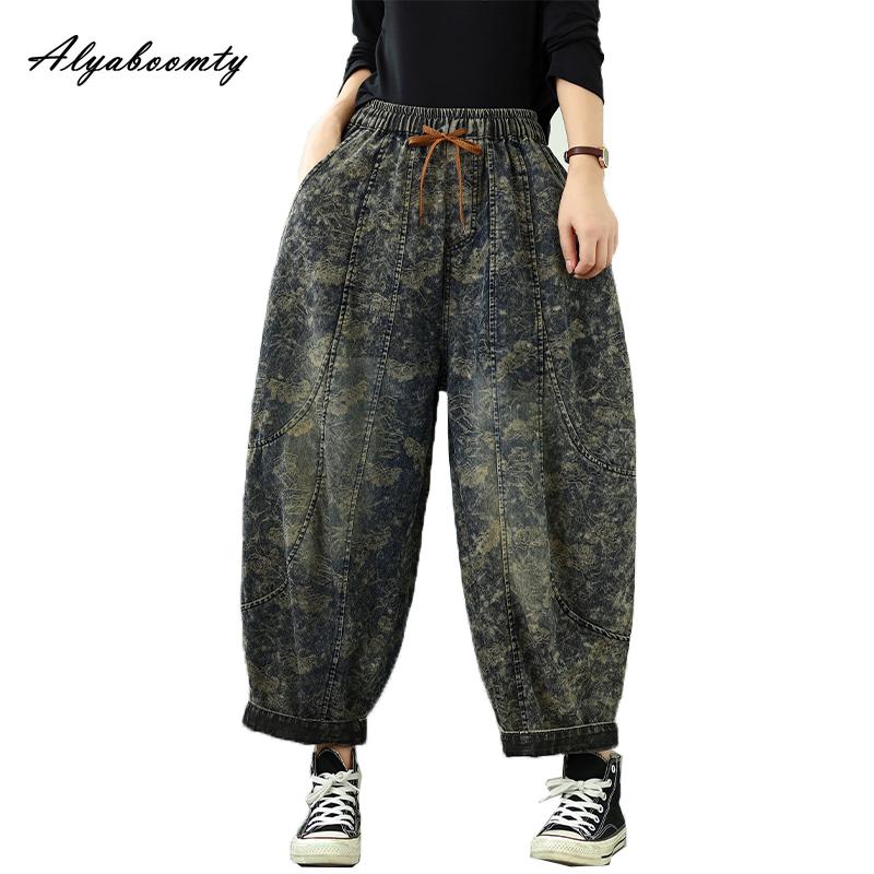Vintage Styl Plus Size Jarní Podzimní Dámské Volné Džíny s Vysokým Pasem se Stahovací Šňůrkou Retro Květinový Potisk Volné Džíny Streetwear Stylové Harémové Džíny