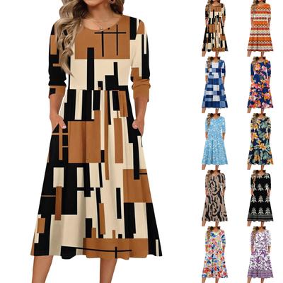 3/4 Sleeve Women's Dress Casual Flowy A-Line Midi Tshirt Dresses With Pockets Crewneck Vocation Boho Beach Sundress