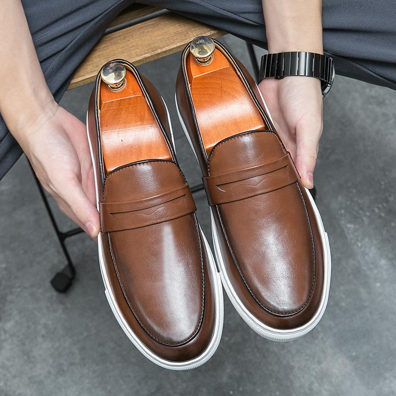 Fashion Brand Men's British Style Low Cut Loafers Classic Round Toe Comfortable Thick Sole Casual Leather Shoes for Men's Shoes