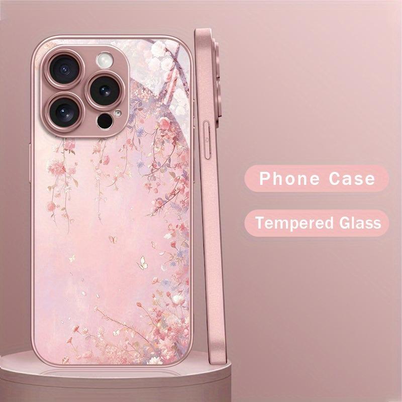 Olejomalba Růžové Květiny Metalická Barva Tvrzené Sklo Pouzdro na Telefon Pro iPhone 11 12 13 14 15 16 17 Pro Max Plus 16E 17Air Kryt