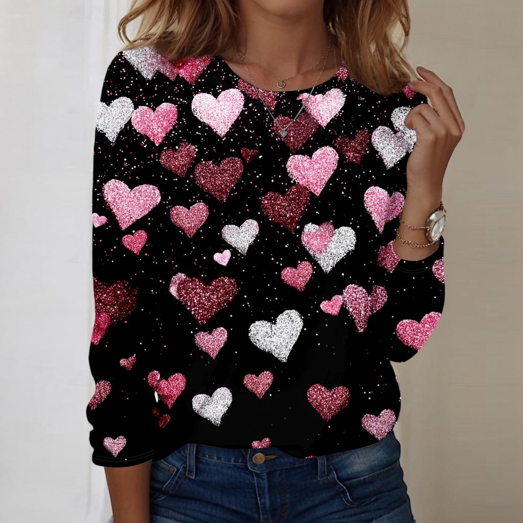 Women's Heart,shaped Printed Round,neck Loose Long,sleeved Top