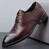 Men's Genuine Cowhide Leather Shoes - British Style, Crocodile Pattern, Pointed, Formal Business Shoes, Brown.