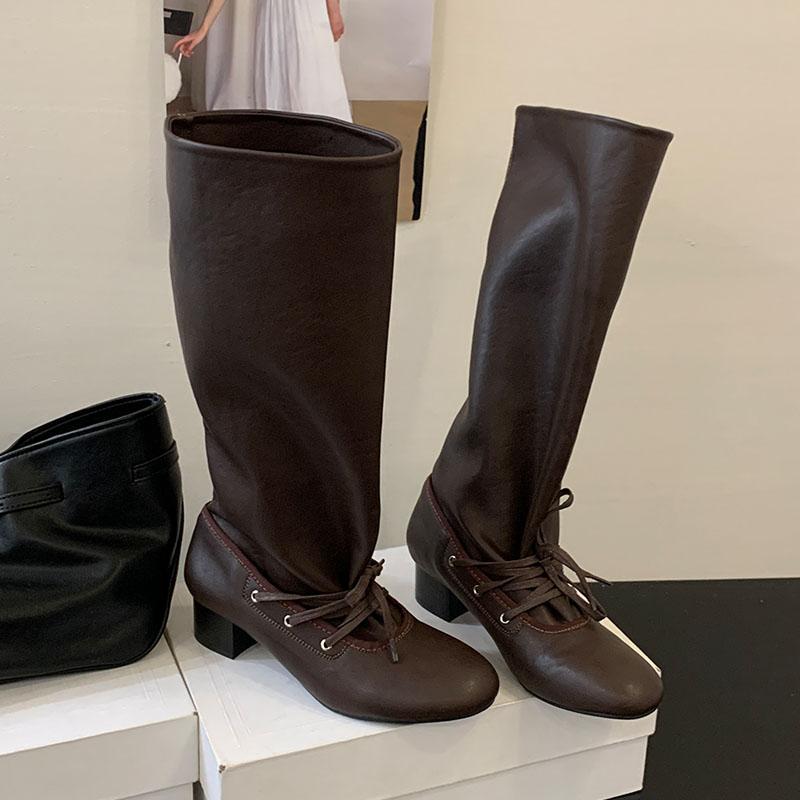 Fashion Female Round Toe Women Knee High Boots With Square Heels Shoes Fashion Lace Up Ladies Modern Long Boots Shoes Pumps