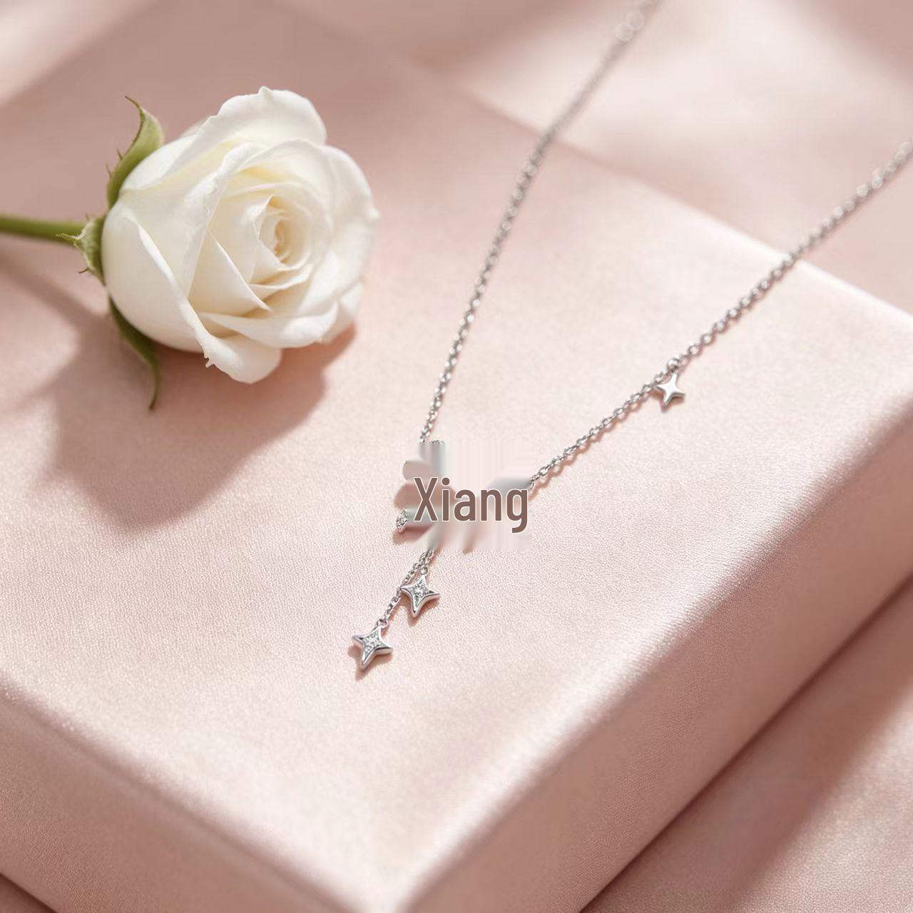 S925 Sterling Silver Bow & Starry Sky Tassel Necklace - Luxury Women s Clavicle Jewelry S925 Silver