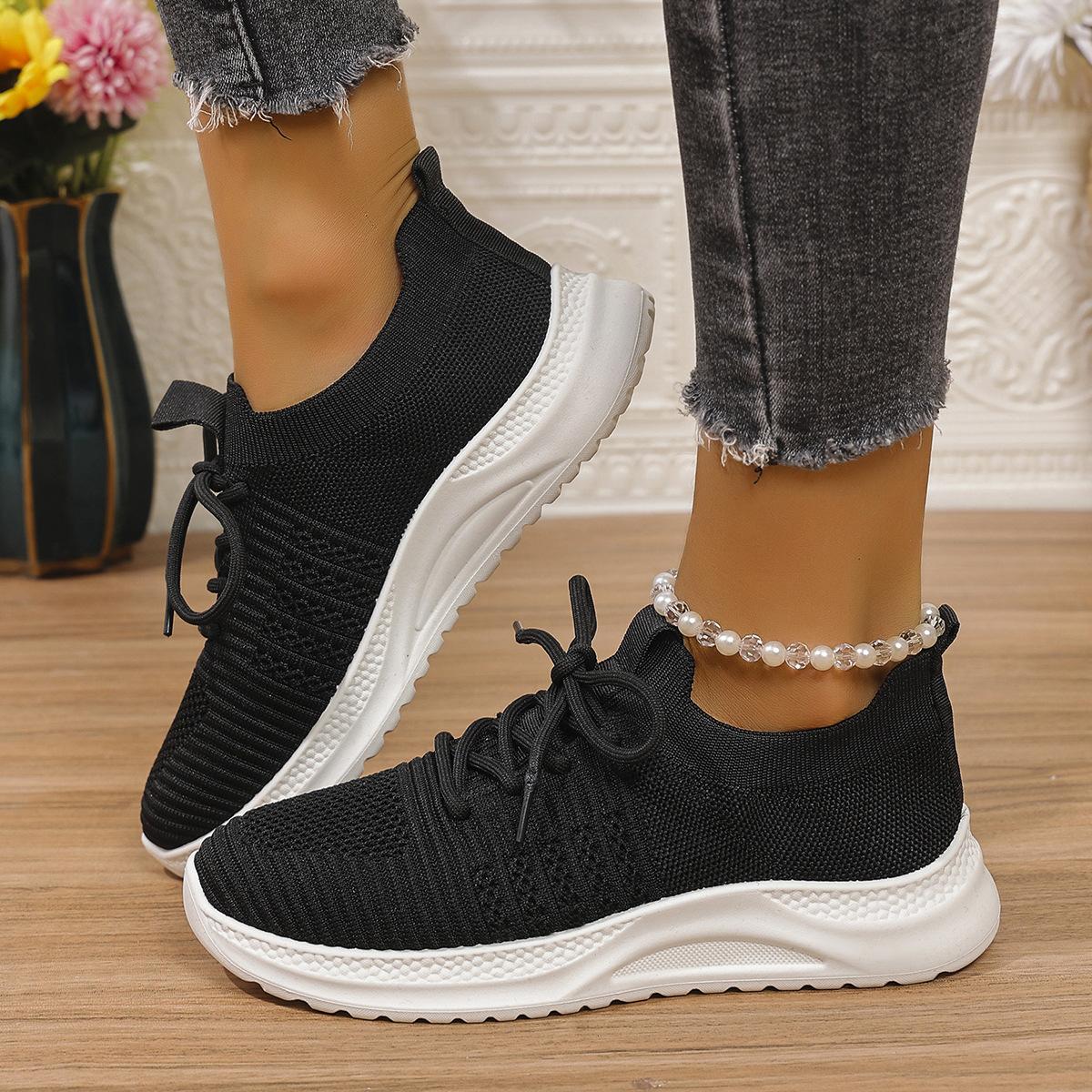 

Autumn Lace-Up Thick-Soled Fly-Woven Sports Shoes Women S Large-Size Casual Breathable And Comfortable Running Shoes 43 43 чорний
