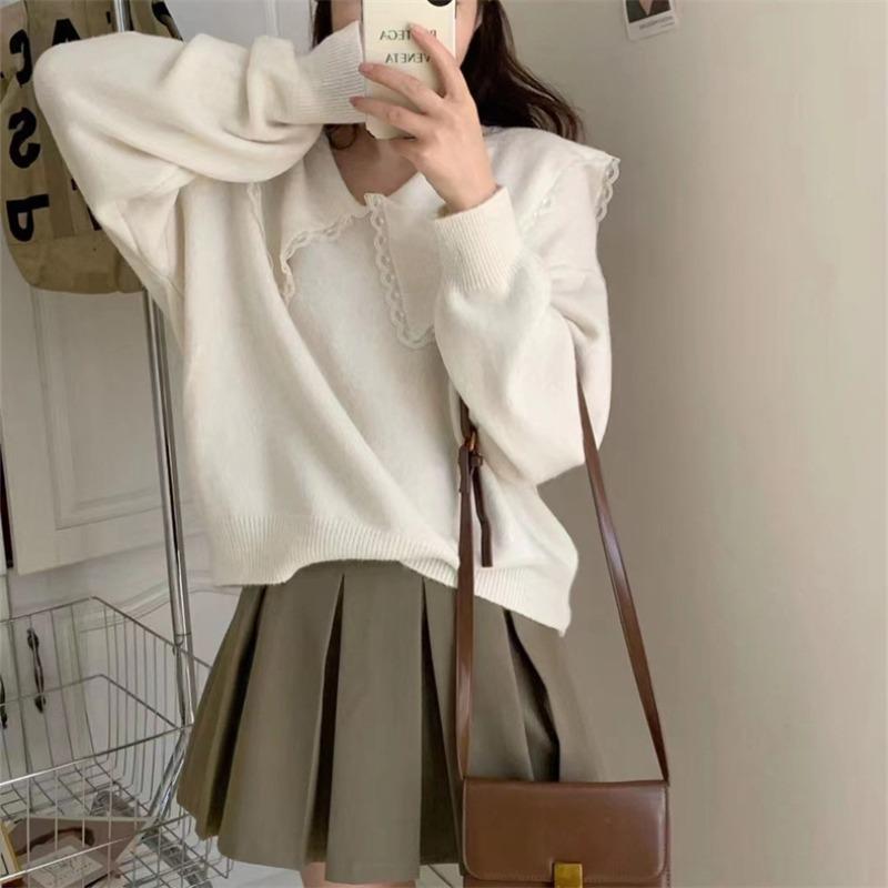 Autumn and winter new doll collar cute wind pullover sweater women's solid color loose age-reducing knitted sweater top