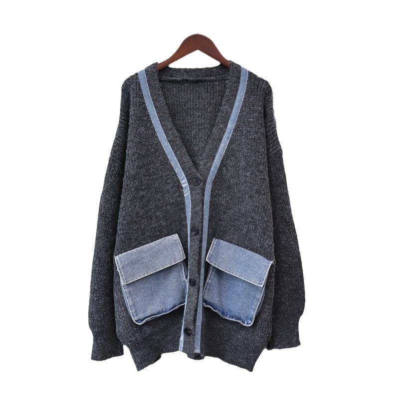 Splicing Denim Pocket Knitted Cardigan Autumn and Winter New Loose Lazy Wind Sweater Jacket Women