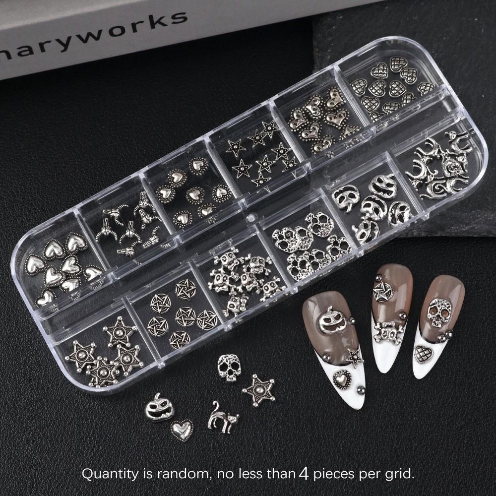 12grid Metal Silver Pumpkin/Heart/Star/Skull Nail Charms Gothic Punk Halloween Alloy Nail Gems Y2K Silver Metal Cross Nail Decor