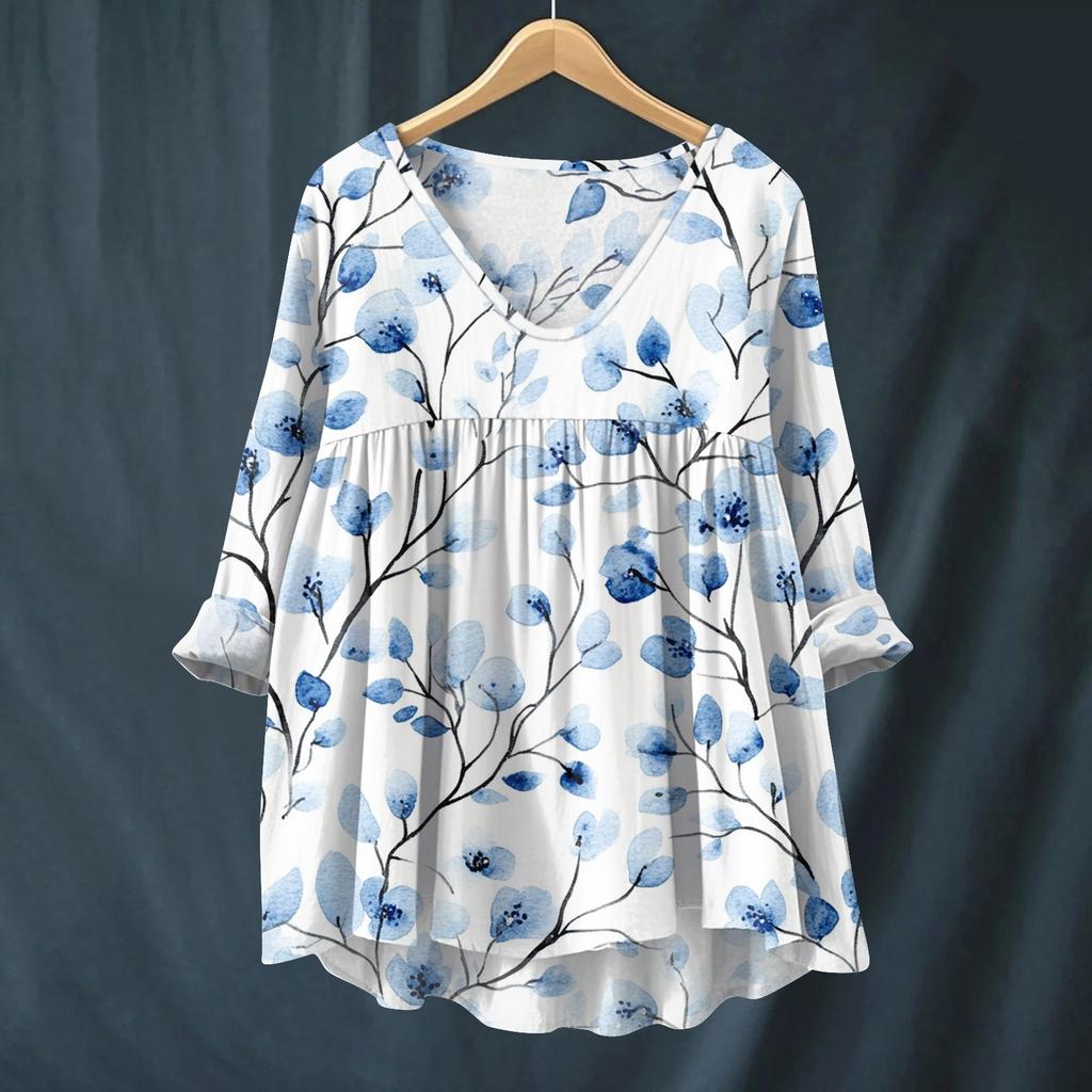 Women's Fashionable And Casual Shirt Long-sleeved V-neck Print Cotton And Linen Blouse