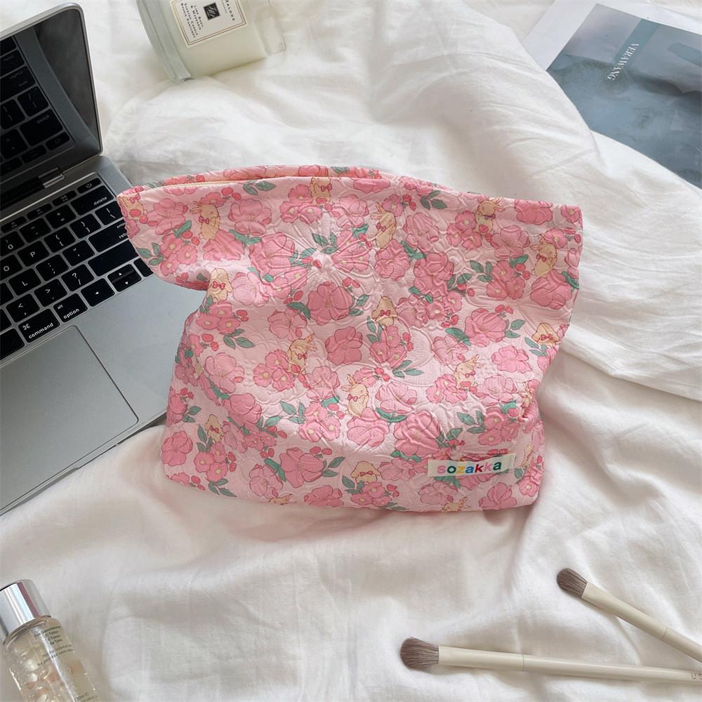 Cartoon Floral Embossed Makeup Bag With Large Capacity For Travel And Daily Use
