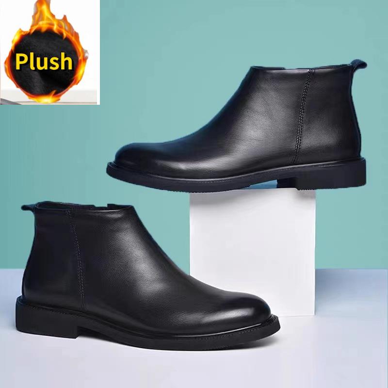 

Мужские ботинки Высококачественные кожаные ботинки Плюшевые теплые зимние ботинки для мужчин Ботильоны на молнии сбоку Деловые повседневные ботинки 44
