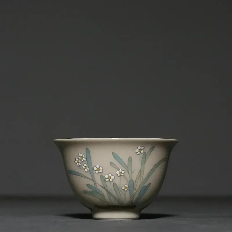 1 Pc Chinese Handmade Ceramic Teacup Travel Meditation Tea Cup Hand Painted Flowers and Plants Tea Bowl Porcelain Tea Set
