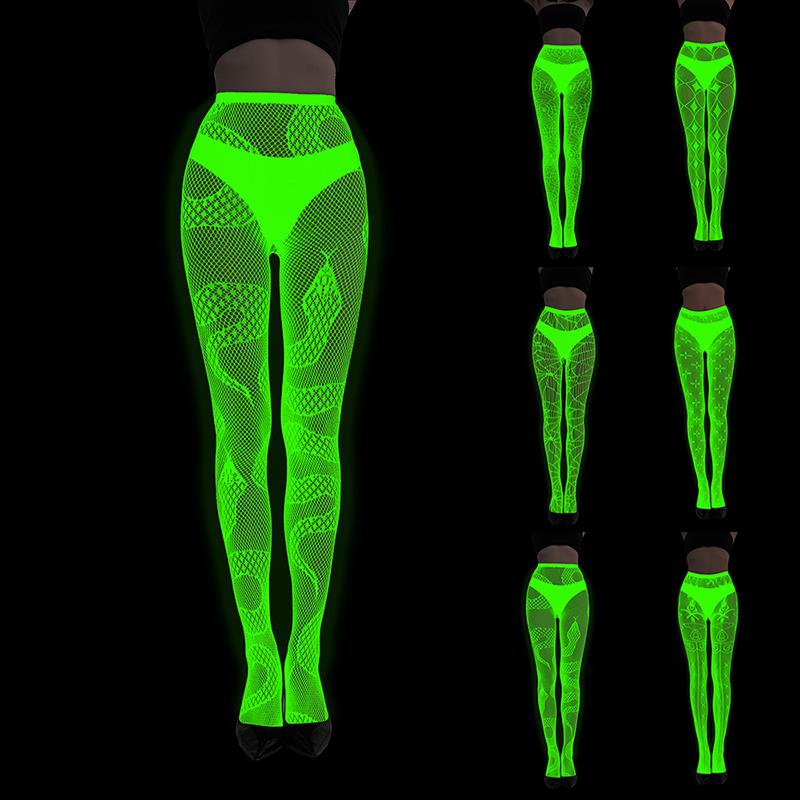 Leuchtende Fischernetzkniestrümpfe Netz Hohl Leuchtende Basis Socken Glänzende Strumpfhosen Strümpfe Damen Sexy Druck Nachtleuchtende Strümpfe