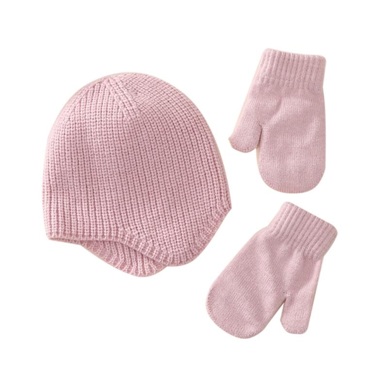 Solid Color Newborn Beanie Hat Mitten Set Warm Knitted Cap Hospital Hat for Toddler Girls Boys Ears Protections Hat