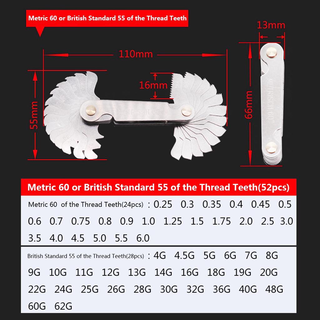 52pcs Blade Screw Thread Tooth Pitch Cutting Steel Gauge Measuring Tool 55 Degree Inch 60 Degree Metric Gauge