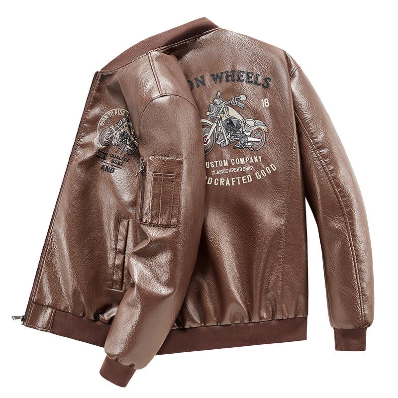 

Trendy Plus Size Leather Flight Jacket for Men - Autumn Motorcycle Stand Collar with Embroidered Design 5XL