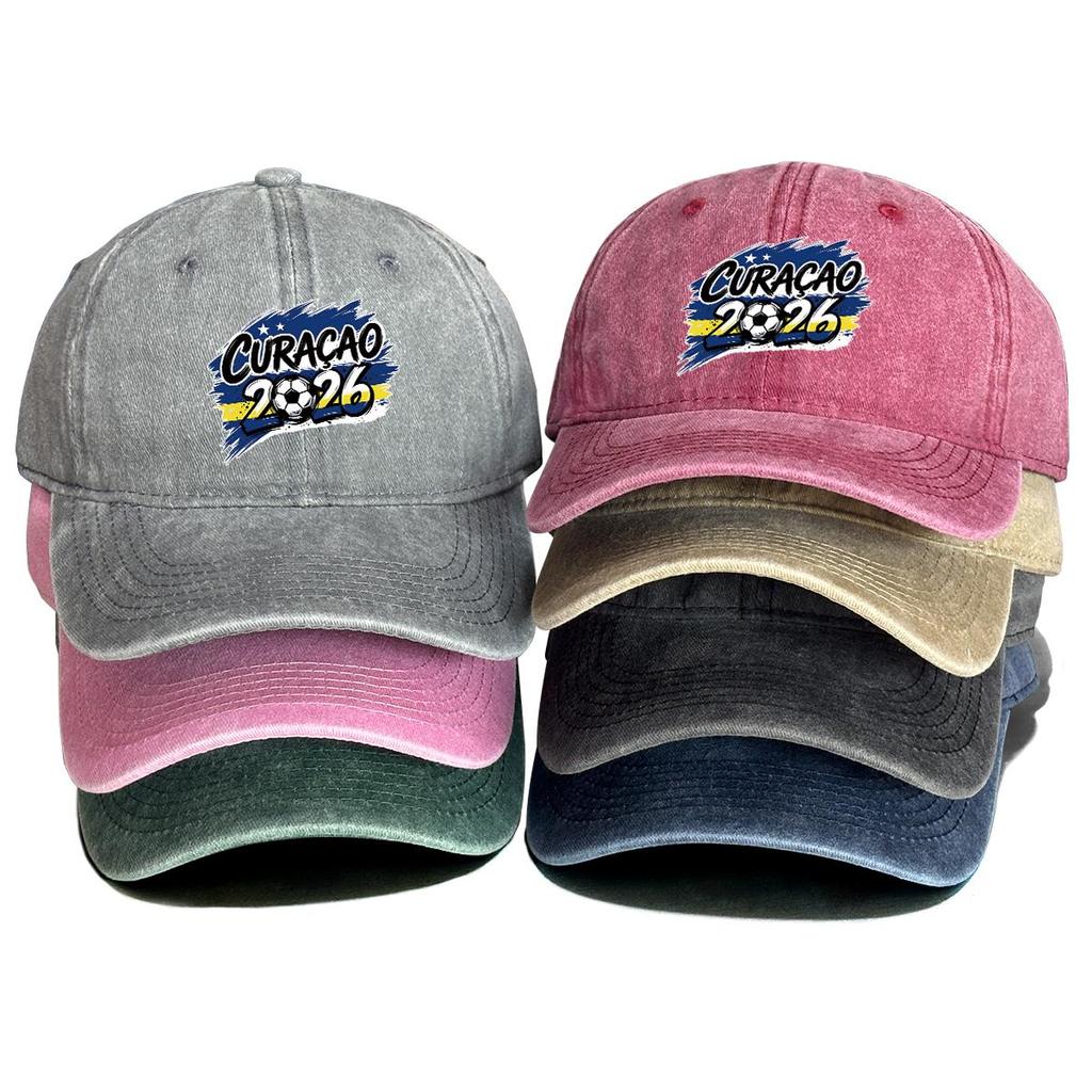 2026 Football Soccer "CURACAO" Flag Printed Baseball Hat , Adjustable Baseball Cap Headwear Non-Stretch Fabric Leisure Solid Color Sun Hat