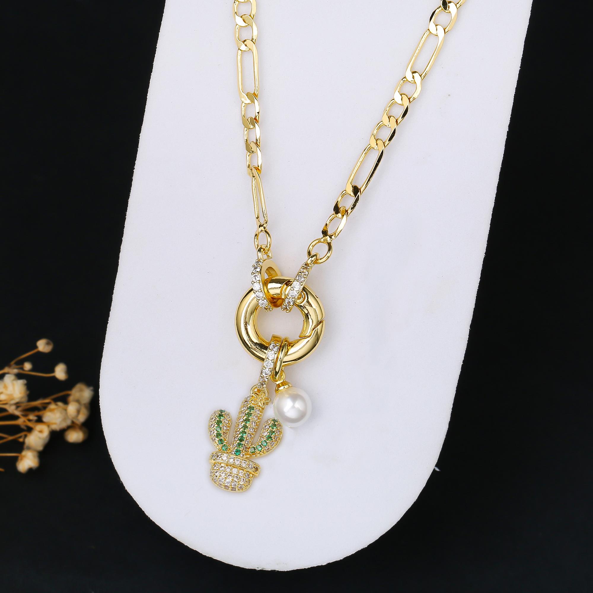 

New Arrival Metal Drip Oil Green Cactus Pendant 3:1 Chain Necklace High Quality Woman Holiday Botanical Zircon Birthday Gift