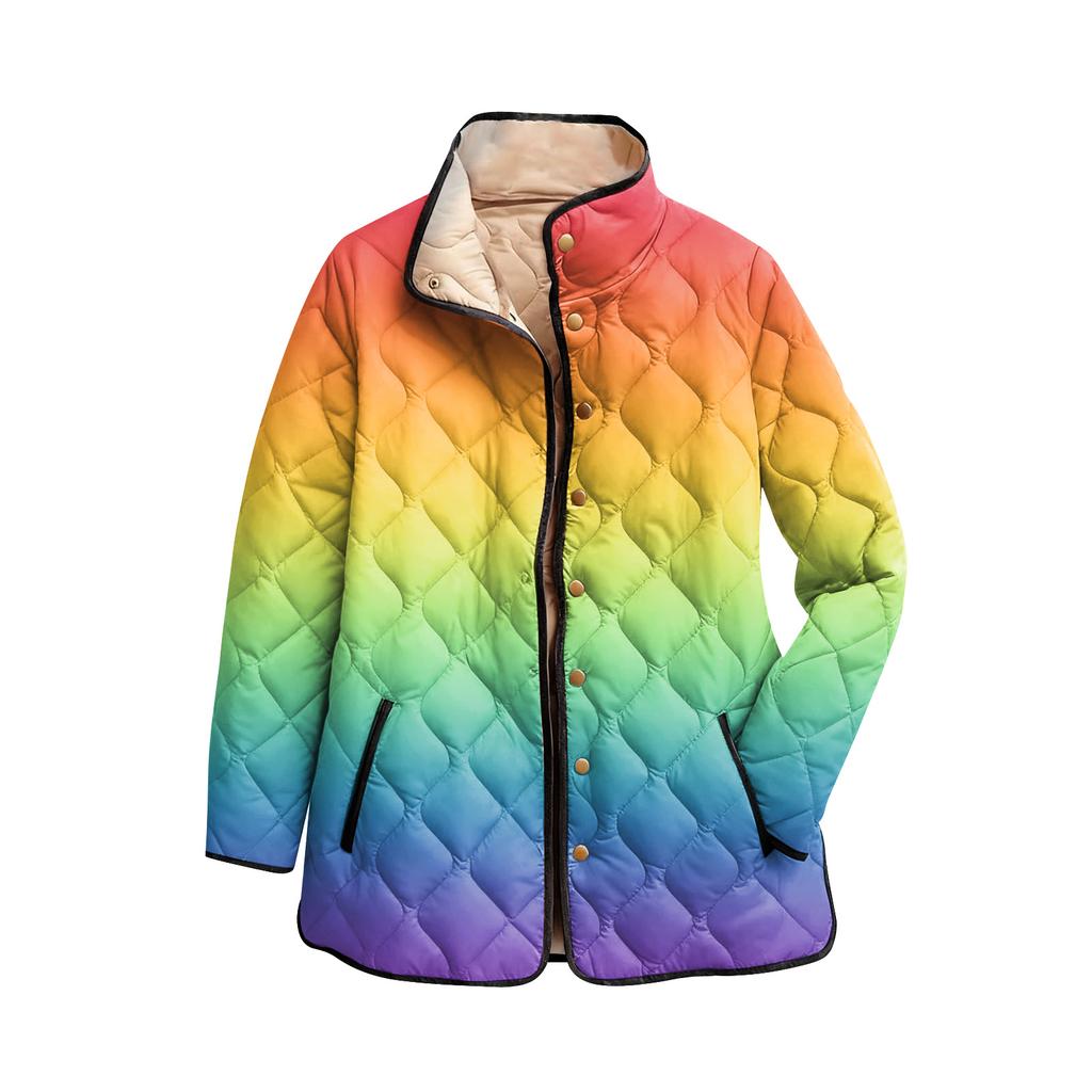 Ladies' Gradient Printed Stand Up Collar Pleated Cotton Long Sleeved Buttoned Cotton Jacket