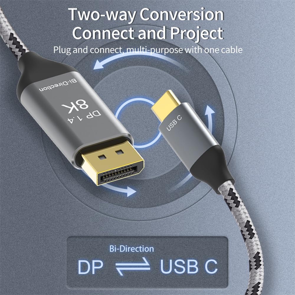 Cablecc Reversible HDTV DisplayPort DP Source To USB Type C To Display Male for Laptop 8K@60Hz Cable, 3.1 USB-C Monitor, 1.8m