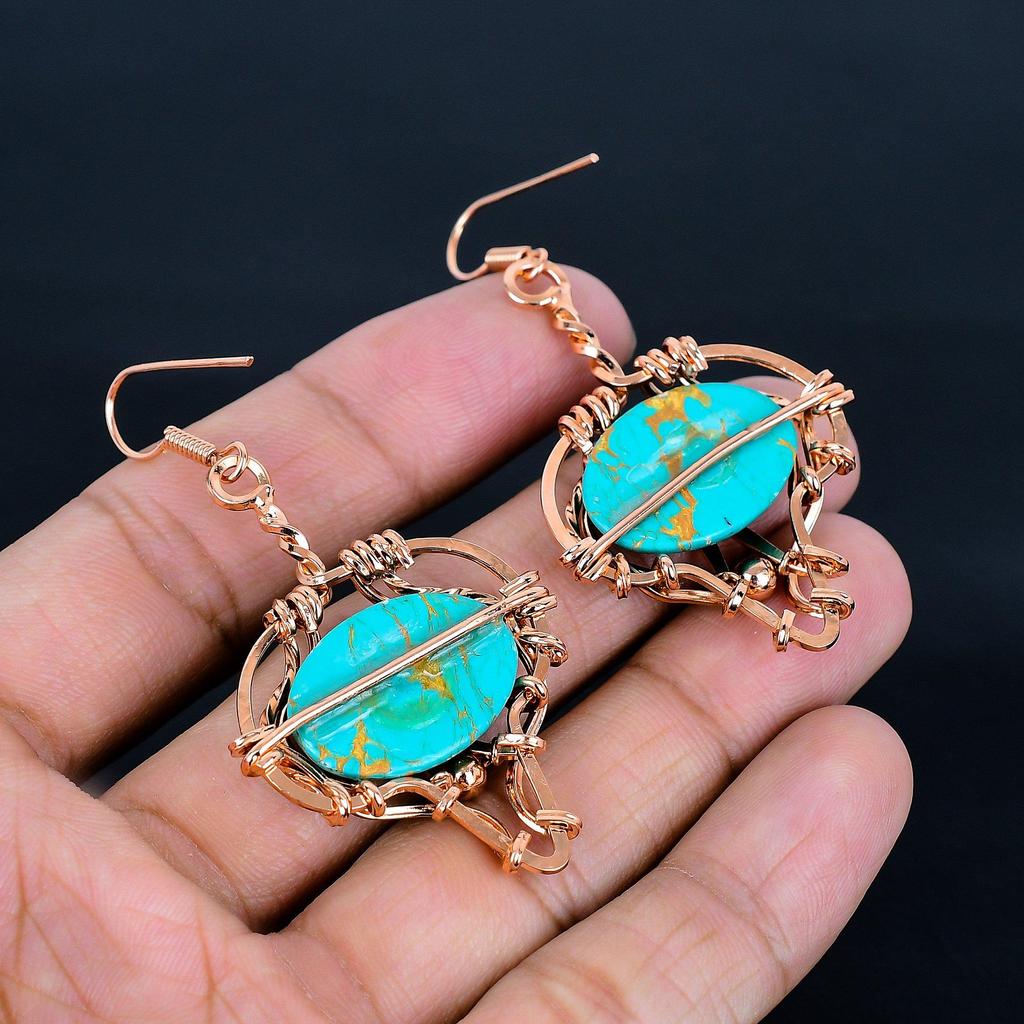 Arizona Turquoise 999 Copper Wire Wrapped Earrings, Handmade Gemstone Jewelry Earrings For Memorial Day
